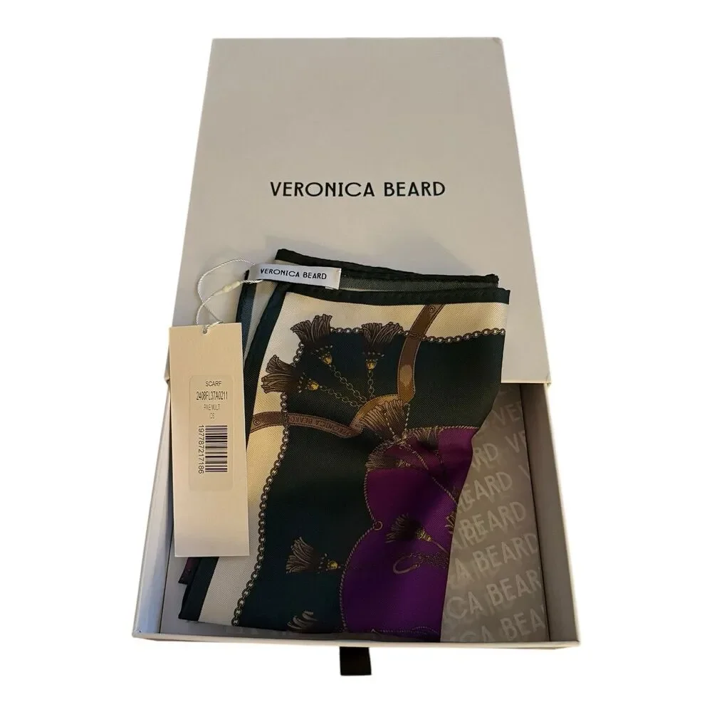 Veronica Beard Silk Square Scarf Green Purple Cream Floral Gift Box Included